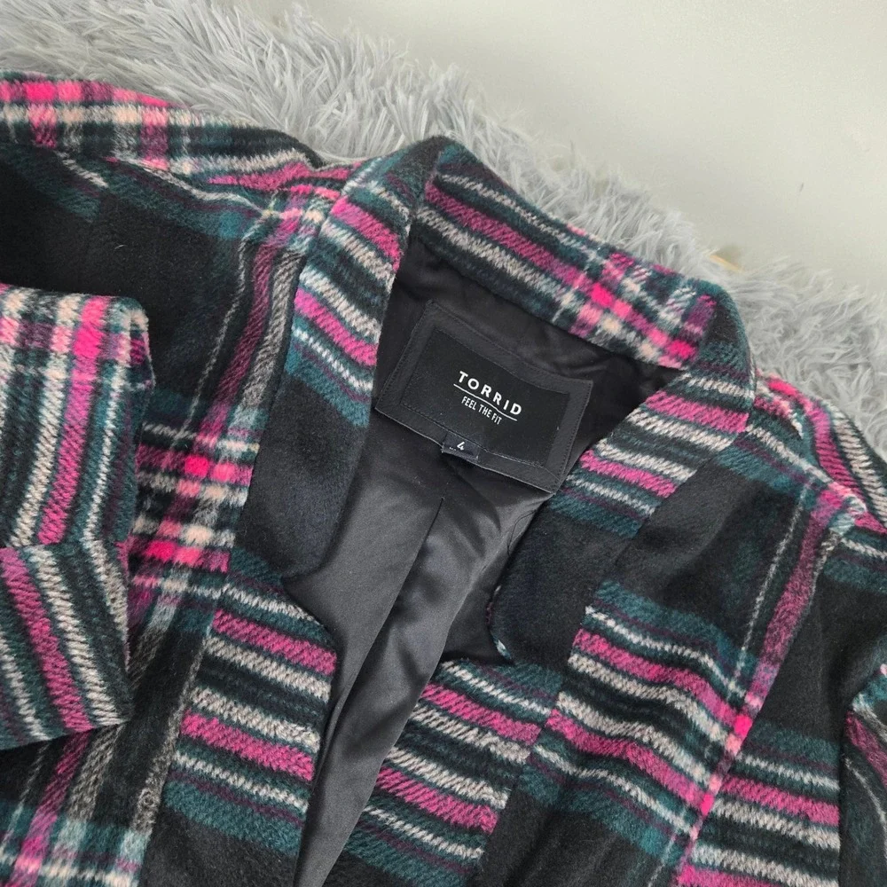 Torrid Womens 4 Black‎ Pink Teal Plaid Wool Blend Longline Single Button Coat